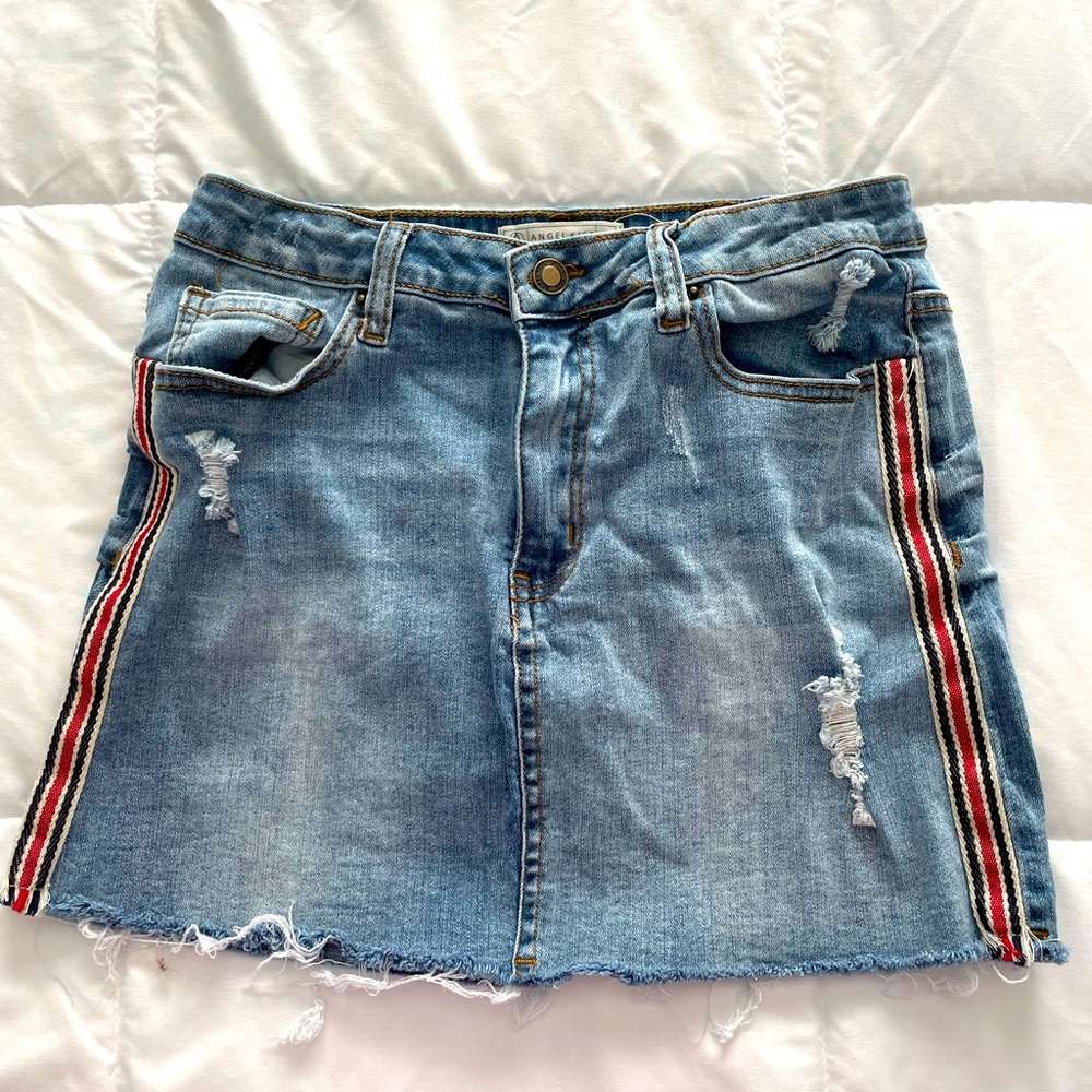 Blue Jean Skirt with red and black stripes